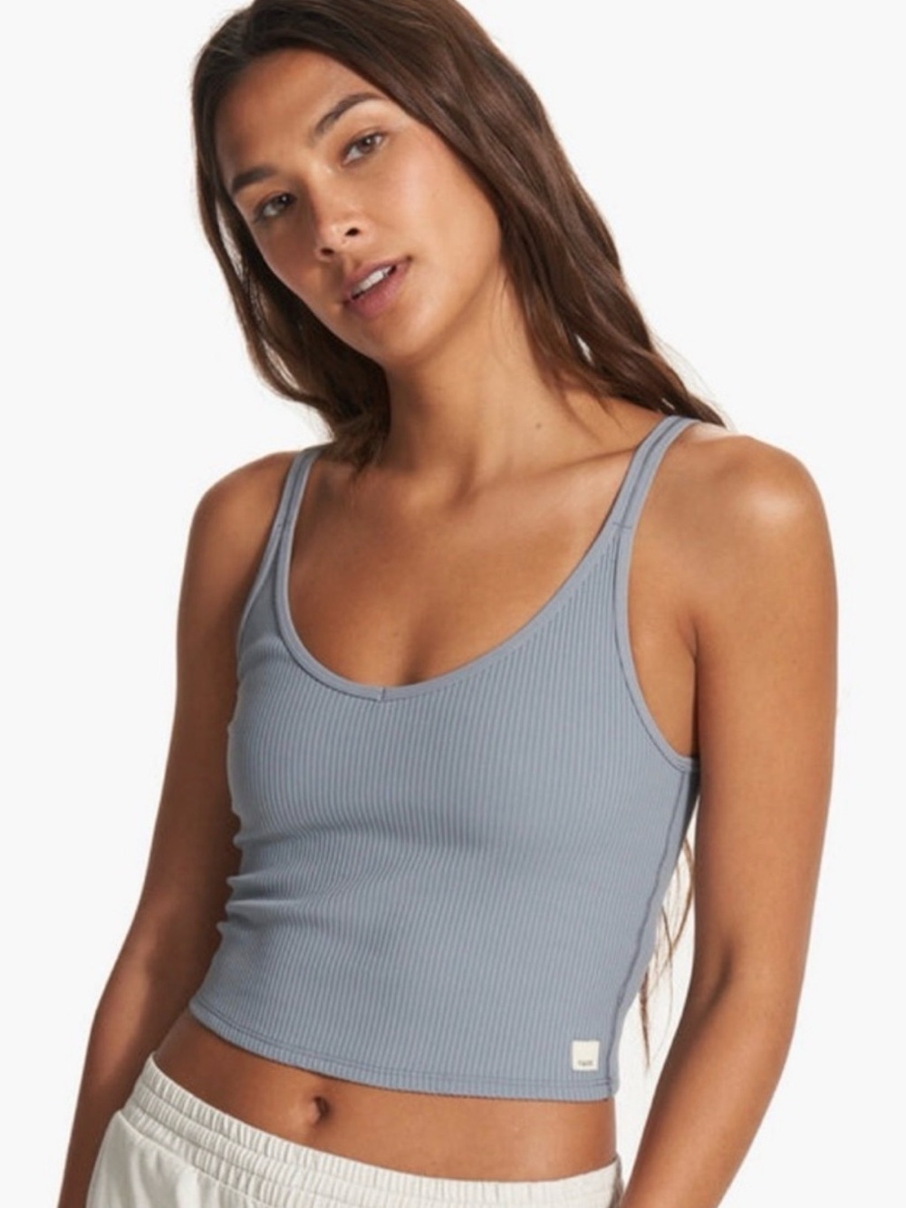 Vuori Ribbed V-Neck Spaghetti Strap Crop Tank Top Strappy Back Blue Gray Size S